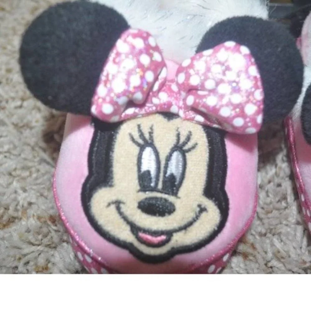 Toddler Girls Disney Minnie Mouse Slippers 9/10 Pink 3-D Ears Fur Trim Shoes
